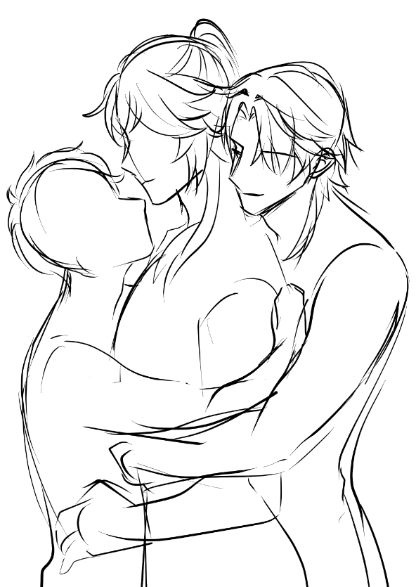 a black and white line art drawing of two anime characters, one male and one female, hugging each other with