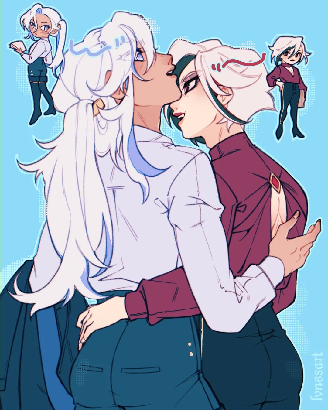 the image is a digital fanart illustration featuring a central focus on two animestyled women embracing in a tender hug.  the woman on the left has long, flowing white hair with hints of blue, wearing a light purple buttonup shirt and dark teal pants.  the woman on the right has shorter, slightly darker purple hair, wearing a maroon collared shirt and similar teal pants. they are depicted in a close, intimate embrace, suggesting a romantic relationship.  in smaller insets around the main image are three chibistyle versions of the women, showing them in slightly different poses, providing a playful contrast to the main artwork's romantic mood. the style is clean, expressive, and vibrant, with a soft color palette and light blue background. the overall tone of the piece is one of affection, happiness, and intimacy.