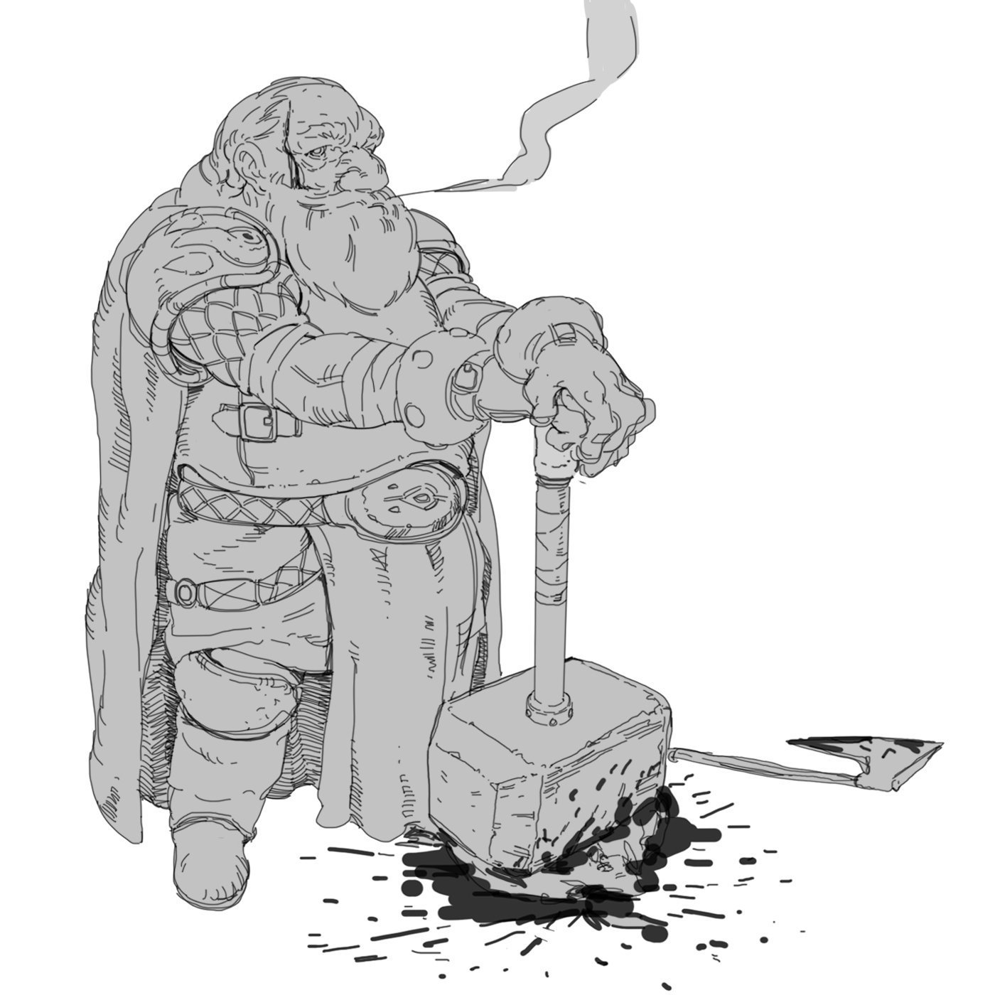 a line art illustration of a dwarf warrior, possibly a viking, standing with his axe in hand. he is smoking and appears to be pondering something while leaning on his massive hammer. he is wearing a cloak, armor, and what appears to be a belt.