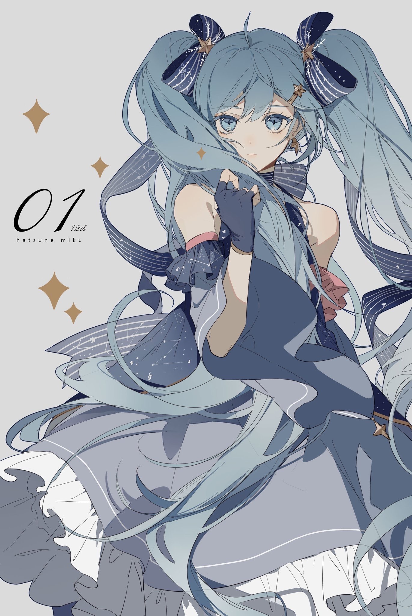 a digital art image of hatsune miku, a vocaloid character, is featured in a full shot. she has light blue hair styled into long twintails with dark blue ribbons featuring white stripes, mimicking stars. she has fair skin and big, light blue eyes. miku is wearing a dark blue dress with starry patterns and ruffled white lining at the bottom. she is also wearing dark blue gloves. the artwork is set against a light gray background with golden star accents, and the text "01 hatsune miku 12th" is present on the left side of the image.