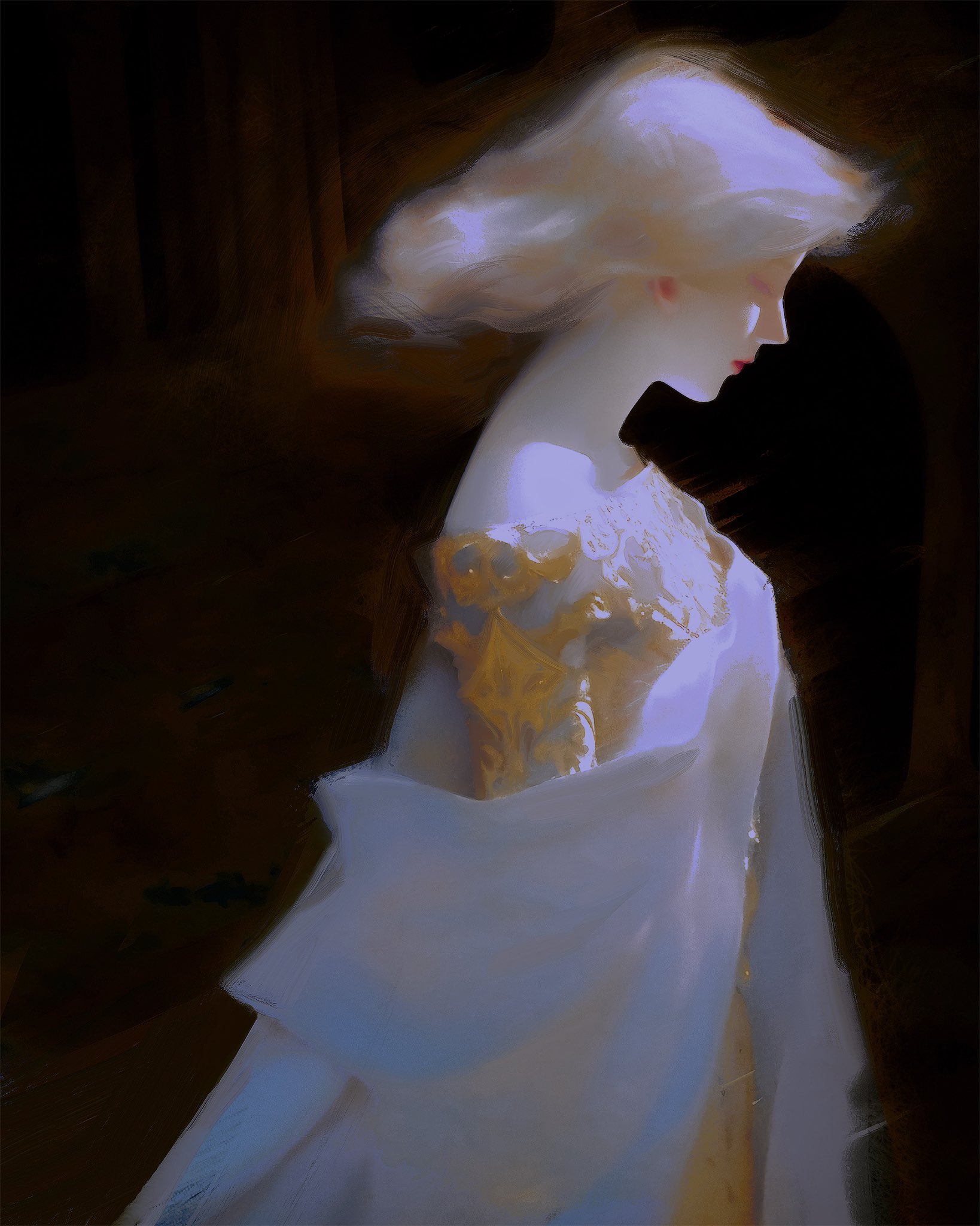 a beautiful woman with long blonde hair wears a flowing white dress in an ethereal painting.  she is lit from the side, creating a dramatic contrast between light and shadow.  she has a wistful expression and her gaze is directed downward, suggesting a sense of contemplation or sadness. the painting is filled with soft textures and colors, conveying a sense of dreamy elegance and mystery.