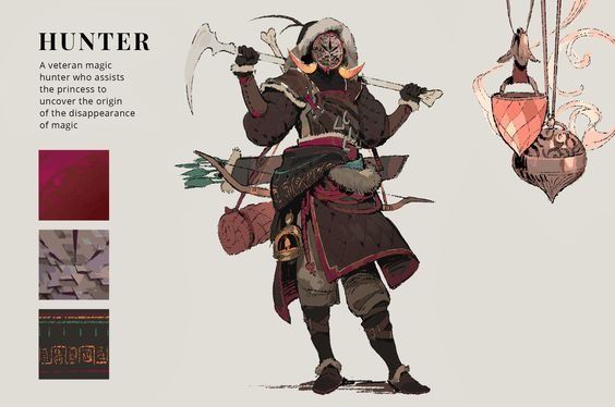 the image depicts a hunter character design from a fantasy video game.  he is wearing a dark brown coat with a hood, leather bracers, red and brown pants and boots, and a mask over his face. he is holding a bow and arrow in one hand and a sword in the other.  the background is a simple light gray.  there are three squares with different textures in the bottom left corner. the bottom left square is red and has a cloud shape in the middle, the bottom center square is gray with a geometric pattern in the middle, and the bottom right square is black with an orange design in the middle.  the upper right corner of the image features a red and brown ornate necklace hanging from a string with a red background.