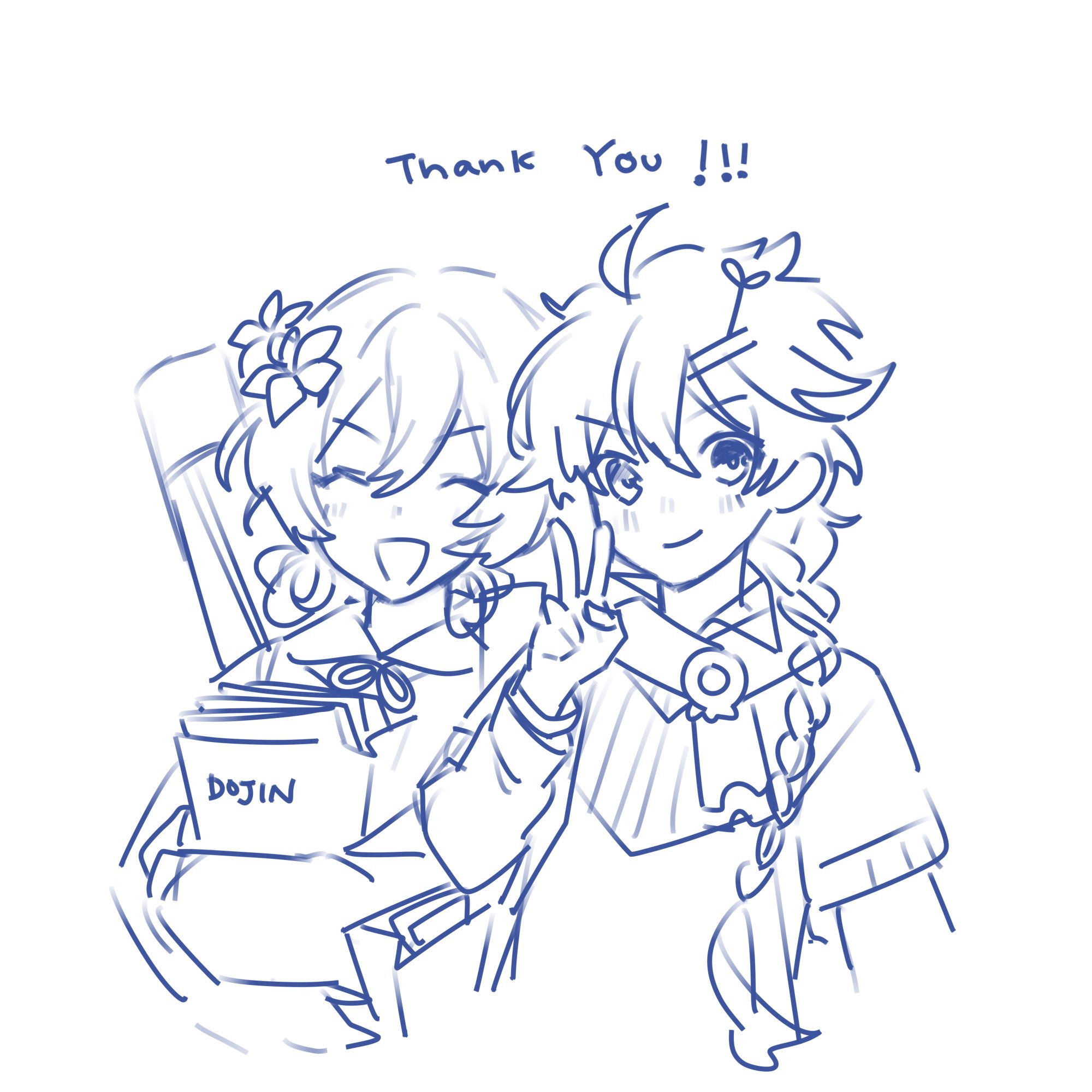 this is a drawing of two anime girls. one is holding a book and smiling while the other is giving a peace sign and also smiling. the drawing is in a simple style, with blue outlines and a white background. there is text that says "thank you!!" above the girls' heads. the book says "dojin" on it.
