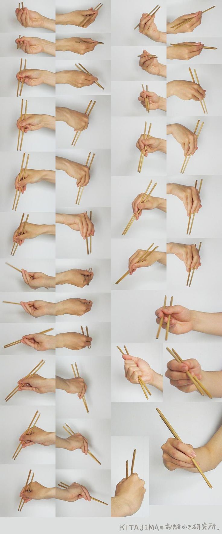 this is a photo collage of a hand holding chopsticks in various ways and positions. the hand is isolated on a white background, and the chopsticks are wooden and bamboo. there are a total of 20 different positions of the hand with chopsticks. the image is a great reference for artists and designers who want to learn how to draw or illustrate hands holding chopsticks realistically.