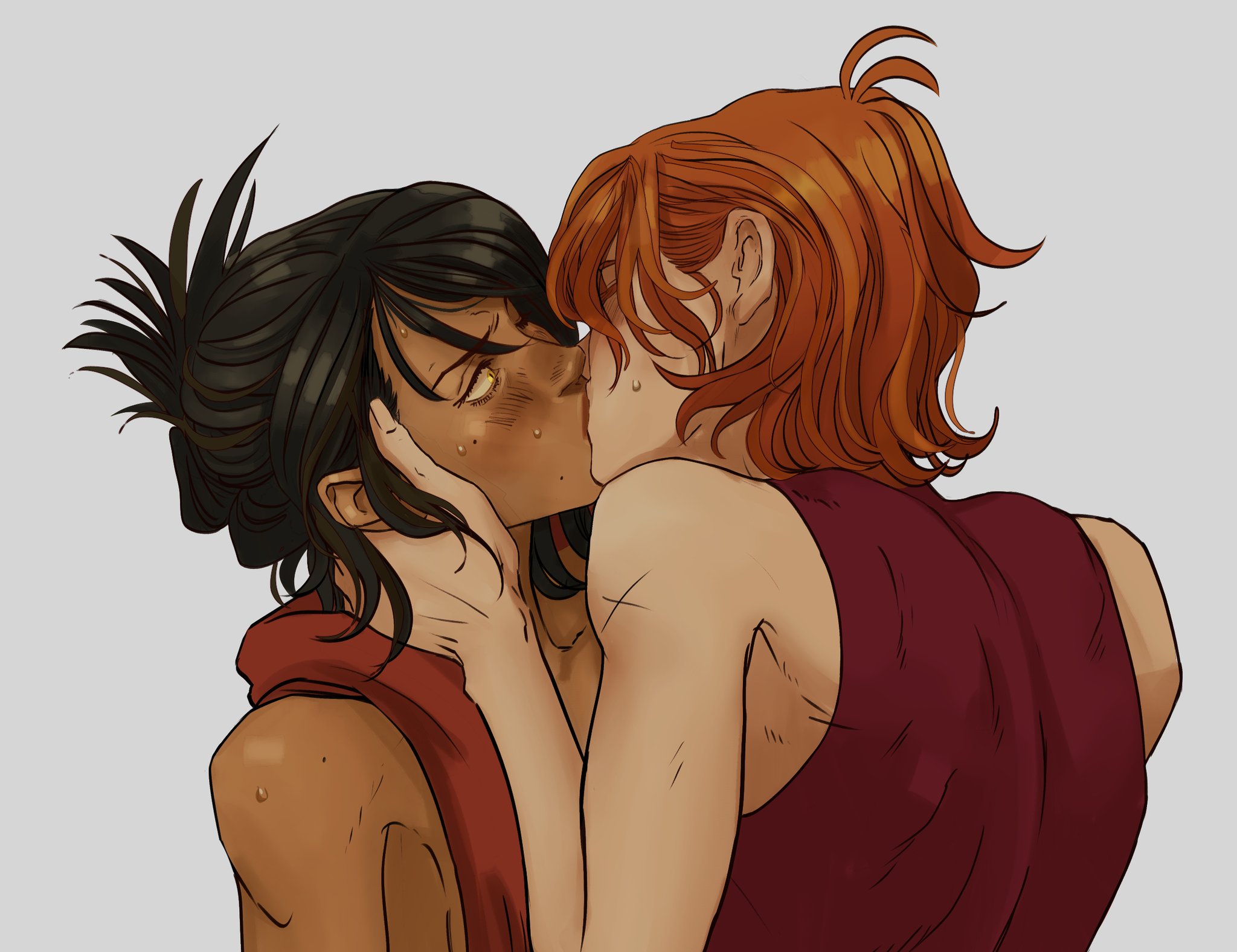 two people are kissing. one person has red hair and a red tank top. the other person has dark hair, a red scarf, and their hand is on the other person's face. both people have sweat drops on their skin.