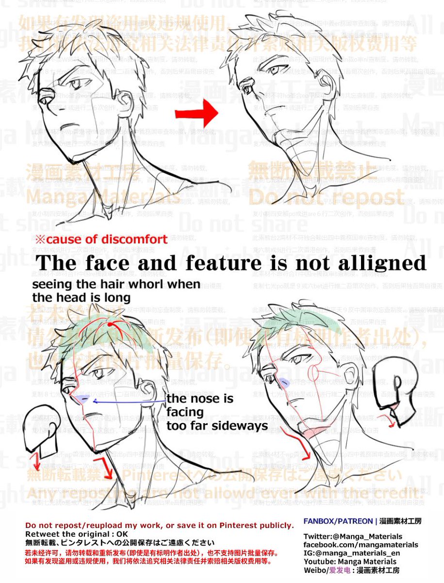 the image shows a tutorial on common mistakes while drawing faces in manga style. it highlights the importance of aligning facial features, especially when the head is turned to the side. the tutorial uses illustrations and annotations in japanese and english to explain the concept. it also includes copyright information and social media handles for the artist.  content: tutorial, drawing, manga, facial features people:  environment: lighting:  perspective: kw: face, alignment, nose, hair, whorl, head, side view, mistakes, drawing tips, anatomy, artist, copyright