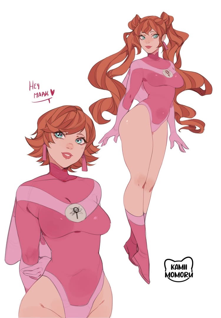 the image features a character design in a comic book or anime style. there are two versions of the character shown: one from the waist up with short red hair and another fullbody shot with long red hair styled in two high ponytails. both versions of the character are wearing a pink bodysuit with lighter pink accents and a symbol on the chest. there is a "hey mark" text above the head on the left. the signature "kamii momoru" is present in the lower right corner.