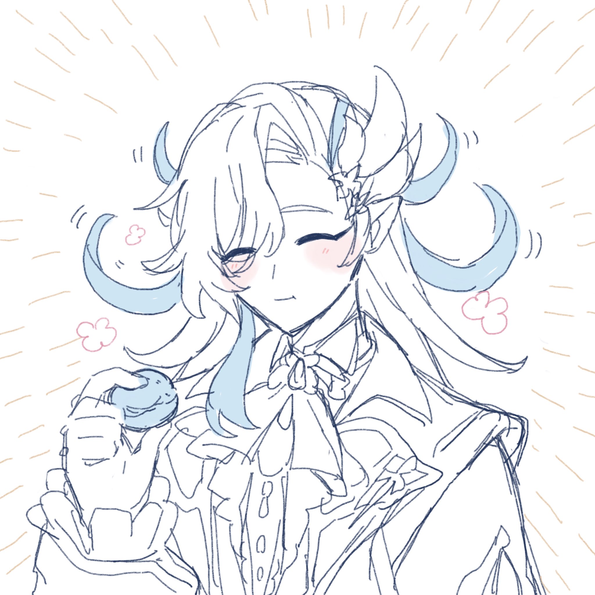 the image is a charming and delicate digital sketch or drawing, likely fanart, depicting a character that strongly resembles heizou from genshin impact. the character has long, flowing light blue and white hair, small horns, and is wearing an elegant outfit with a frilly shirt and jacket.  they have a joyful expression with closed eyes and rosy cheeks. the character is gently holding a small blue cookie or macaron. the style is light and airy, with pastel colors and a whimsical background of radiating lines.  the overall impression is one of sweetness and gentle happiness.