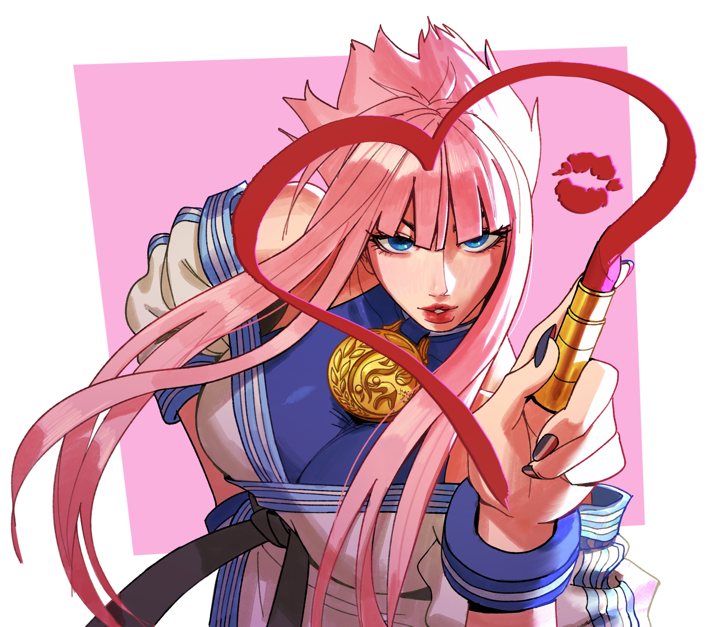 the image is a digital illustration or fanart in a vibrant manga style.  it features an anime girl with long, flowing pink hair styled in a slightly spiky fashion. she's wearing a sailorstyle outfit in shades of blue and white, accented with a gold circular emblem.  the girl has striking, confident eyes and is holding a lipstick, using it to draw a large heart shape in the air with a kiss mark next to it. the background is a soft pink. the overall style is dynamic and expressive, focusing on the character's strong gaze and bold pose.