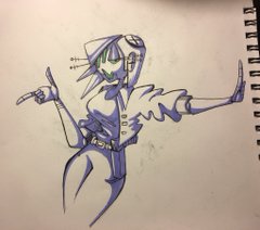 a dynamic, stylized ink drawing of a femalepresenting robot striking a pose. the robot is rendered in shades of blue and purple, with green accents for the eyes and details.  the figure has a confident stance and exaggerated proportions, typical of cartoon or comic book aesthetics. the setting appears to be a simple, blank page, suggesting this is concept art or an early stage of illustration.