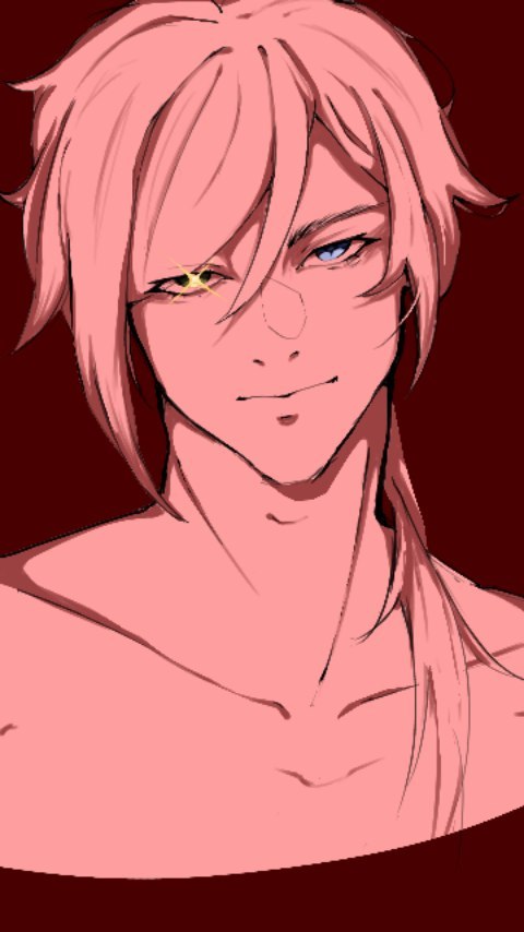 this is a digital drawing of a young animestyle male character. he has long, light pink hair that falls past his shoulders.  one of his eyes is blue, and the other is yellow, a trait known as heterochromia. he has a subtle smirk on his face, giving off a confident and slightly mischievous impression. his skin is a pale pink, and he's depicted from the shoulders up with his chest slightly visible. the background is a deep red.  the style is reminiscent of anime and manga illustrations.