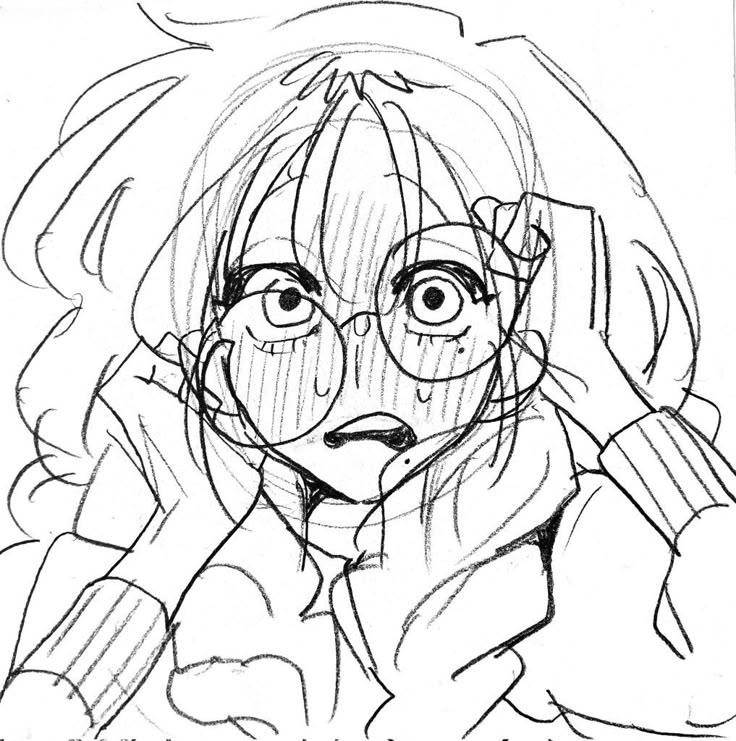 a black and white sketch of a woman in an anime/manga style. she is wearing glasses and has a surprised, worried expression. her hands are near her face, possibly touching her glasses. she is wearing a sweater. her hair is messy and voluminous.