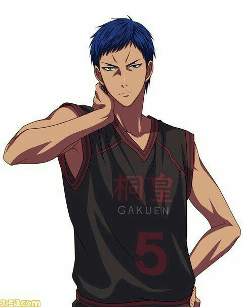 this is a drawing of an anime character, a young man with blue hair, wearing a black basketball jersey with a red number five and the word "gakuen" on it. he has a serious look on his face.
