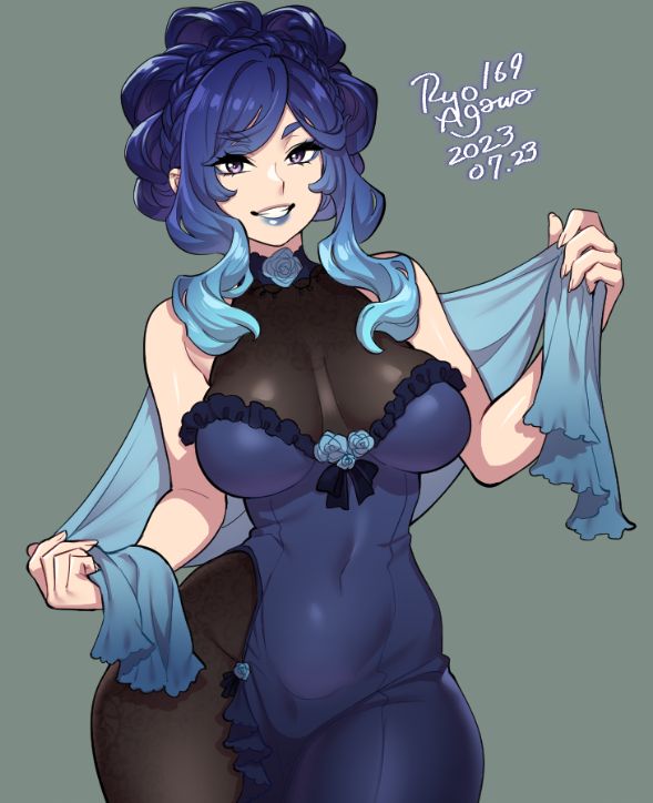 a drawing of a woman with blue hair in a blue dress smiling. the woman is wearing a long blue dress with a black lace overlay, and she is holding a light blue piece of fabric in her right hand. she is smiling at the viewer and looks happy. the image is a digital illustration with a cartoon style.