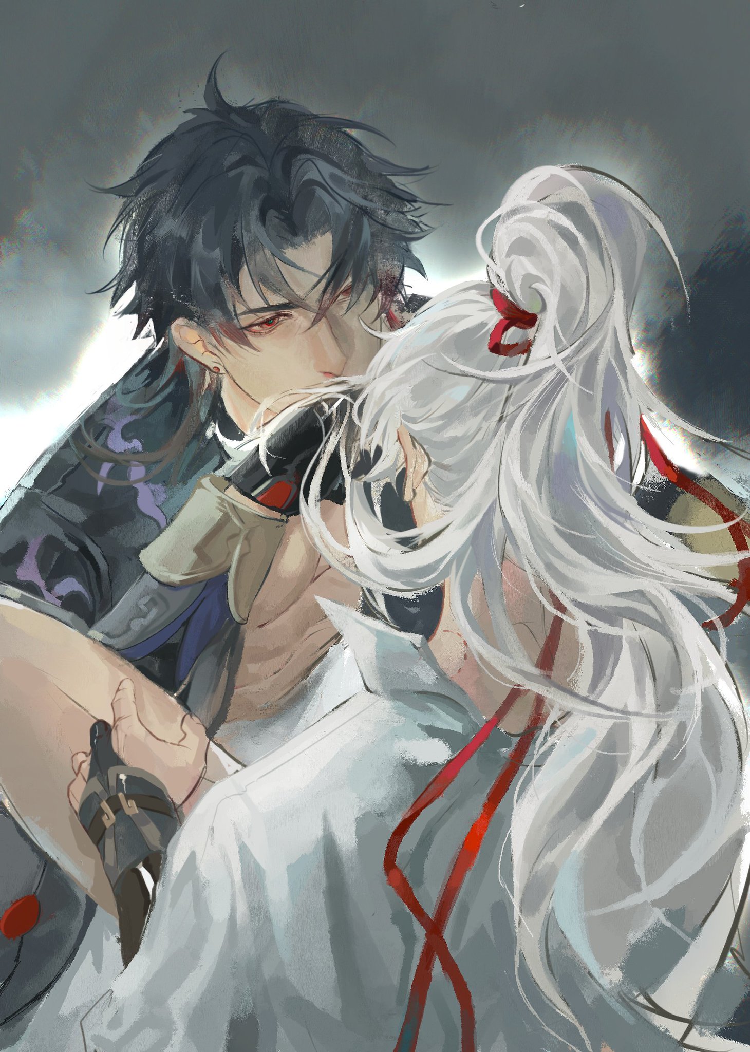 the image is a digital painting of two anime characters. the character on the left has dark hair and is wearing a dark outfit. they are leaning in to kiss the character on the right, who has white hair and is wearing a white outfit. the characters are surrounded by a soft, ethereal background. the image is drawn in a style that is reminiscent of manga art. the painting is full of emotion and detail, capturing a moment of intimacy between the two characters. the image is also suggestive of the characters' complex relationship and the love and passion that they share.