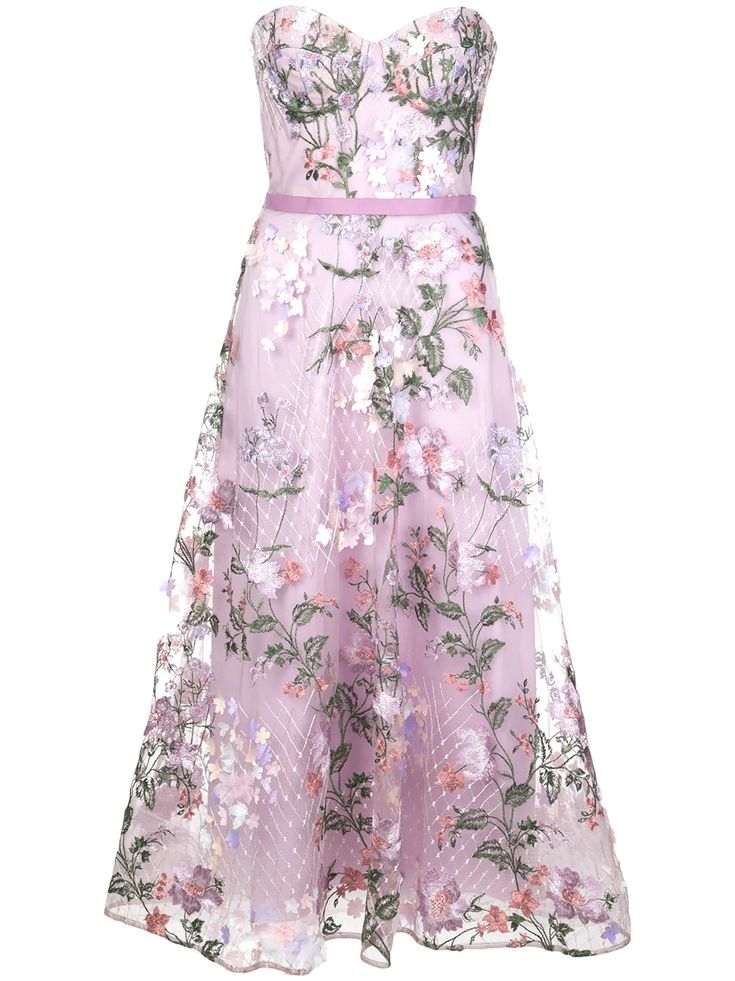 a strapless, lilac evening gown with floral embroidery is shown in a full shot. the dress has a sweetheart neckline and a fitted bodice, and it falls to the floor in a flowing skirt. the dress is covered in a delicate floral embroidery pattern, and the skirt has a light, airy feel. the gown has a thin lilac belt around the waist.