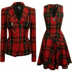 a red and black plaid jacket and matching dress with a zipper. the jacket is a moto jacket with a zipper down the front. the dress is a sleeveless fit and flare style.