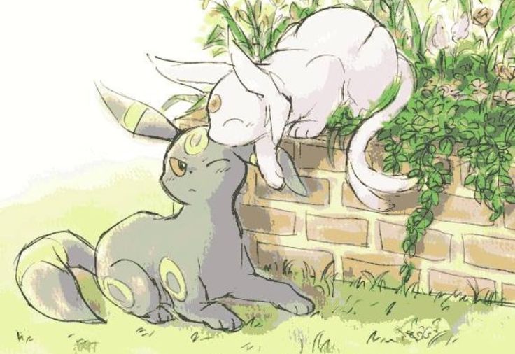 a cute cartoon drawing of two pokemon, one white and one gray, sitting on a brick wall with a plant in the background. the white pokemon is looking down at the gray pokemon while it smiles. the background is a mix of green plants and flowers, with a brick wall in the middle.