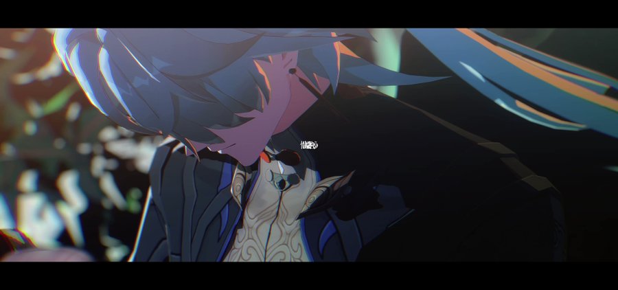 this is a digital illustration of an anime character with blue hair. the character has a detailed facial expression with their eyes looking down. the character has a detailed and intricate design and appears sad. the character is surrounded by a dark and blurry background with detailed lighting and shadows.