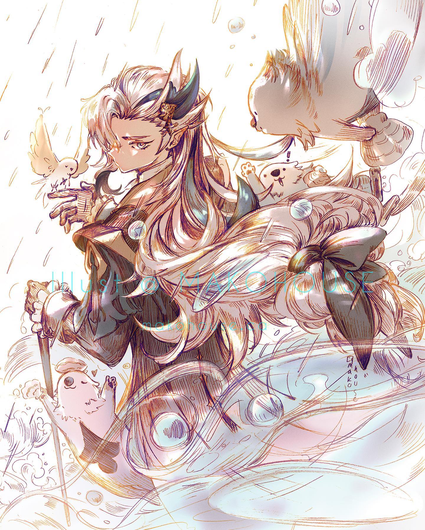 the image is a digital illustration or artwork in an anime/manga style.  it features a young woman or girl with long, flowing blonde hair and distinctive horns, adorned in an elegant, seemingly fantasyinspired outfit. she has a serene, almost melancholic expression.  she's surrounded by various small birds and animals; some appear to be resting on her or near her. the overall aesthetic is soft, ethereal, and somewhat dreamy, with pastel colors and light, feathery brushstrokes creating a gentle and whimsical mood.  the setting is suggestive of rain or a gentle stream, with bubbles and flowing lines adding to the fluidity and sense of movement. the style indicates it may be a concept piece or initial sketch, with visible artistic underdrawings creating a unique charm. the overall piece is highly evocative and suggestive of a fairytale or other fantasy story.