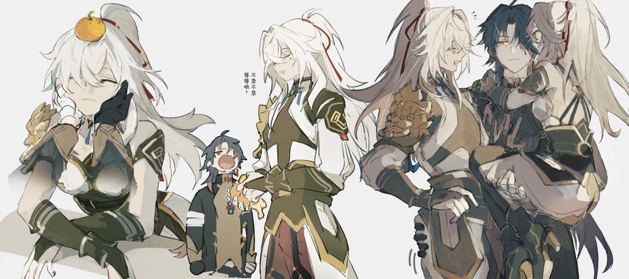 this illustration features five anime characters from the game genshin impact. the characters are albedo, itto, ganyu, xiao, and either lumine or aether. the image is drawn in a digital art style and is very detailed. the characters are all wearing unique and elaborate clothing and are standing in a variety of poses. the image is set against a white background.