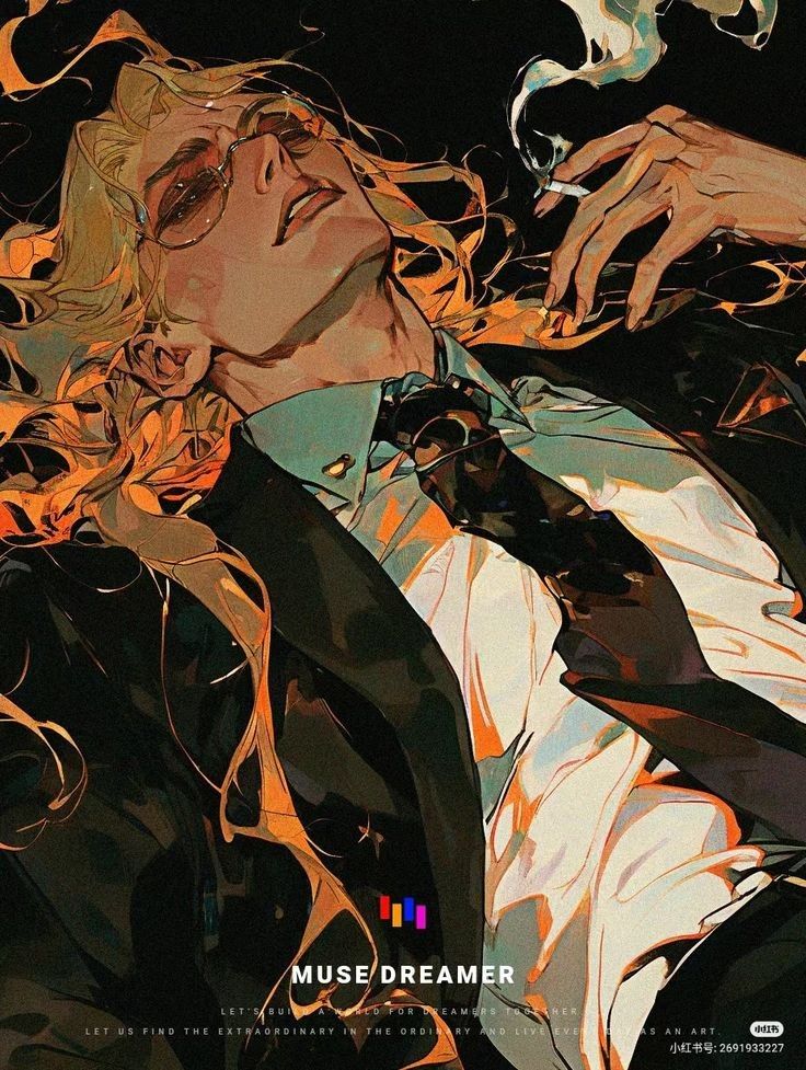 this is a digital painting of a stylish man with golden long hair, wearing a black suit with a white shirt and a black tie. he is holding a lit cigarette in his hand and is looking up. the style of the art is similar to the style of anime or manga. the background is filled with abstract shapes and colors, mainly black, orange, and yellow. the image is vibrant and eyecatching.