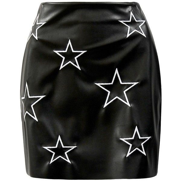 the image shows a black mini skirt with white stars on it. the skirt appears to be made of leather.