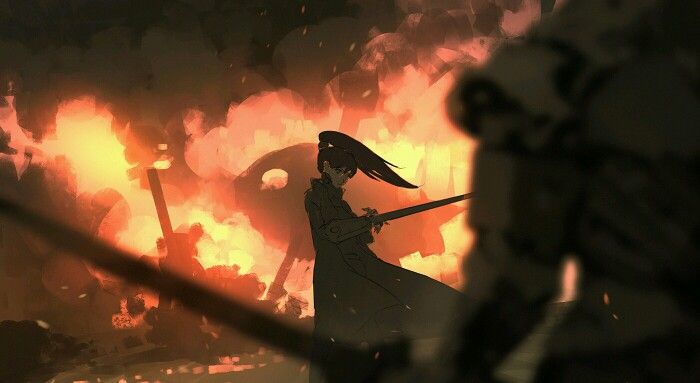 the image depicts a stylized animestyle female warrior, clad in dark clothing, wielding a long sword. she stands defiantly amidst a backdrop of intense fire and smoke, suggesting a fierce battle is underway.  a shadowy, partially obscured figure is visible in the foreground, perhaps another combatant, adding to the sense of conflict. the overall style is dark, dramatic, and evocative of a fantasy or cyberpunk setting. the color palette is predominantly dark oranges and blacks, with the fiery background contrasting sharply with the warrior's dark attire. the artist utilizes strong brushstrokes, creating a textured and dynamic visual effect.