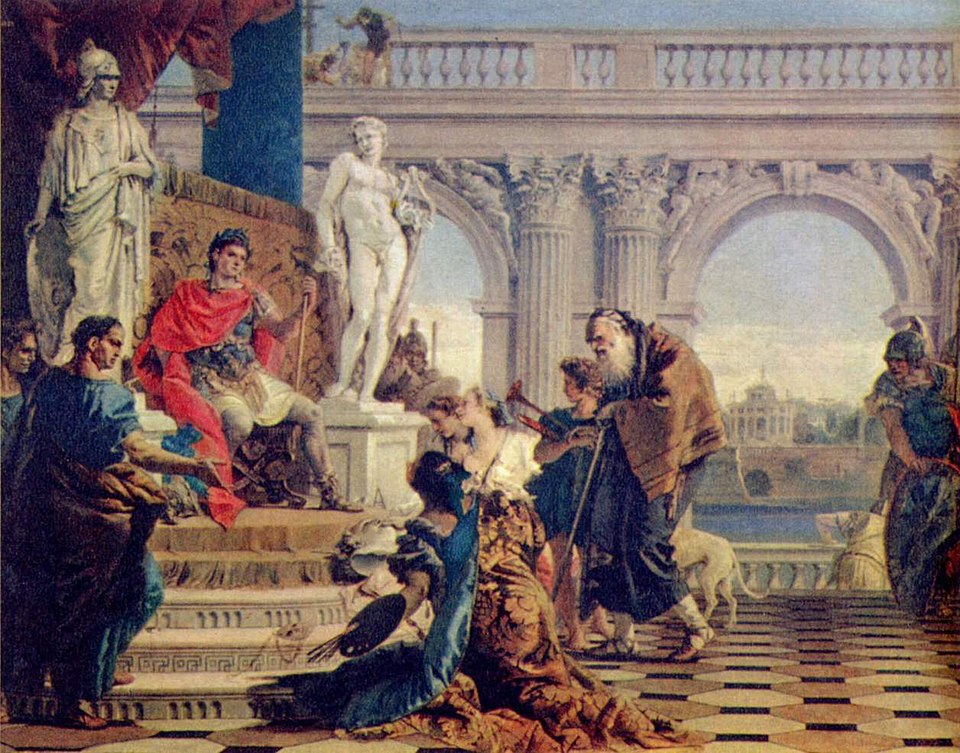 the image is a classical painting depicting a scene of royalty and submission. an emperor, adorned in armor and a red cloak, sits on a throne atop a flight of steps. a supplicant kneels before him, offering something. statues of classical figures stand beside the throne, and columns define the background architecture, hinting at a grand palace or temple. an elderly man with a walking stick and a dog are also present. the background shows a building.