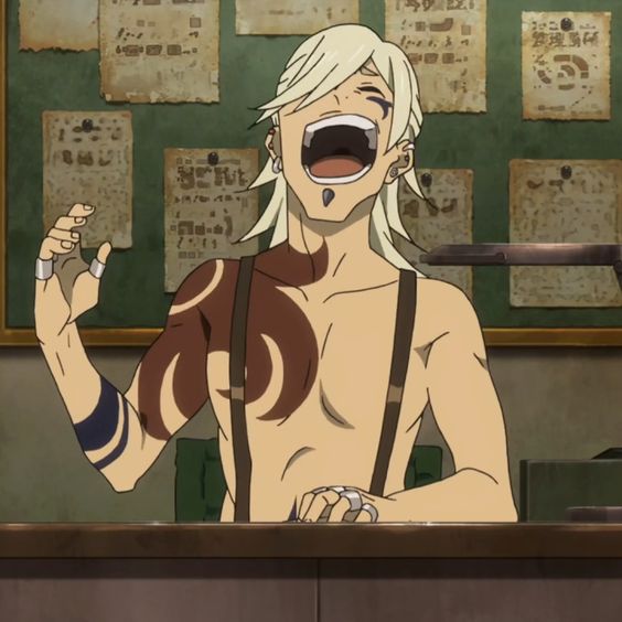 an anime character with tribal tattoos is shown from the waist up. he's laughing hysterically with his head back and mouth wide open, showing his teeth. his attire consists of suspenders. he is lightskinned and has short blond hair with dark roots. his environment appears worn down.