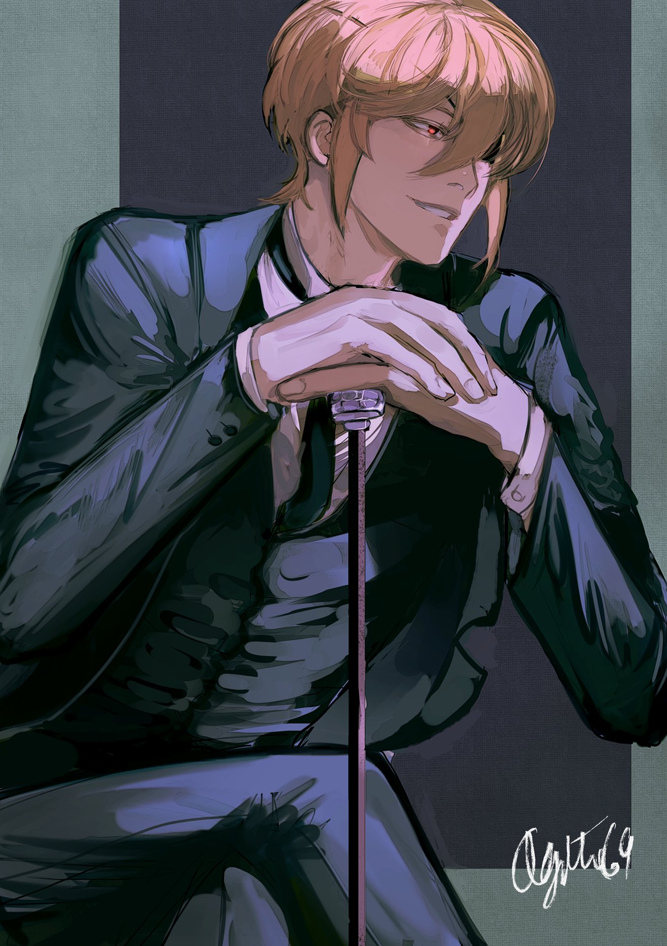 a digital painting of a man in a black suit. he is sitting with his legs crossed, leaning back slightly. he is holding a cane with one hand, and his other hand rests on his leg. the man has blonde hair and is looking off to the side with a smirk on his face. he is wearing a white shirt and a black tie. the background is a light grey color with a dark grey shadow behind the man. the painting is done in a semirealistic style with light and shadow playing a key role in highlighting the features of the man.