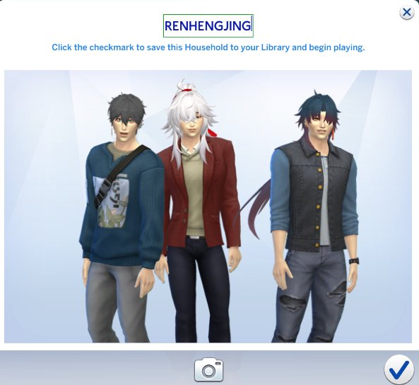 this image shows a sims household in a character creation screen.  the three male sims are standing together in casual clothing and smiling.  the "save" option at the bottom is highlighted and ready for the user to click.