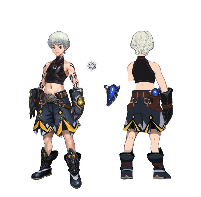 this is a 2d digital illustration of a character concept for a video game. it showcases a young adult character, potentially a warrior or adventurer, from both the front and back. the character has short white hair, tan skin, and wears a black crop top, blue and yellow shorts, brown belts, and black and gold armor pieces on their arms and legs. they also have a blue ocarina attached to their hip and a glowing yellow orb on one glove.