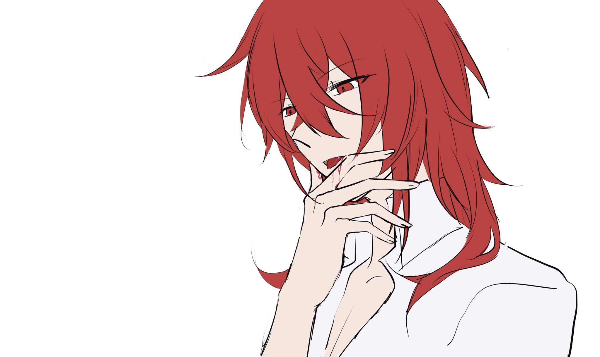 a close up of an anime male character, with red hair, biting his finger and dripping blood. he is wearing a white shirt.