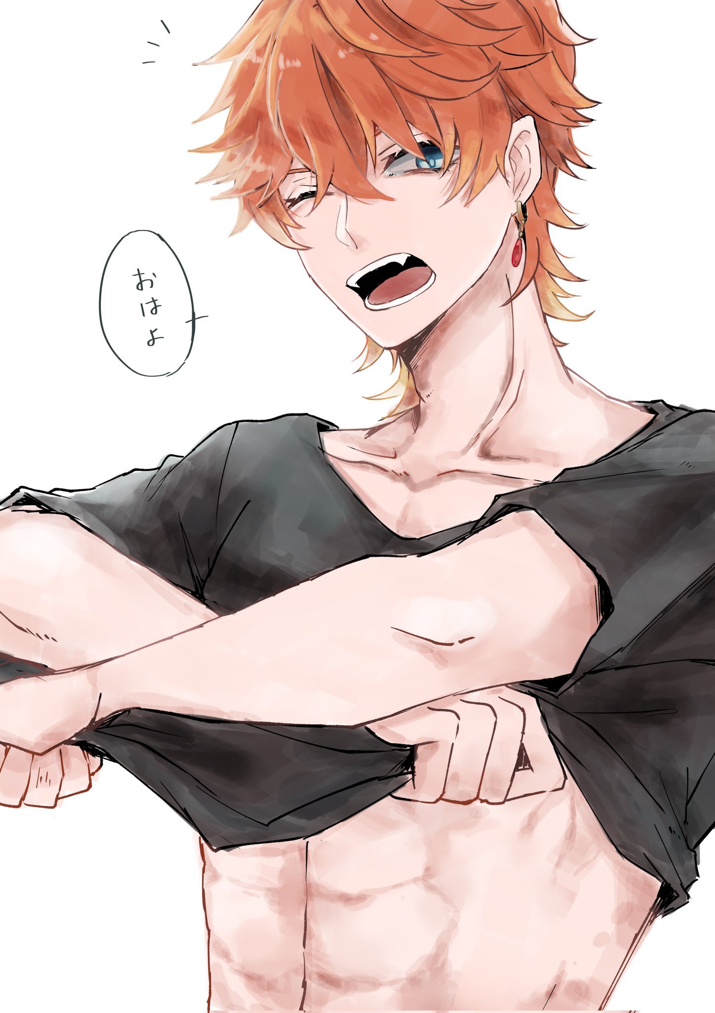 a drawing of an anime character pulling up his black shirt to show off his abs. he has orange hair, blue eyes, and a playful expression on his face. the background is white.  the drawing is in a manga style.