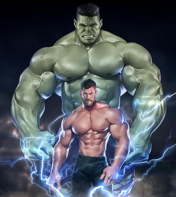 an illustration features a muscular thor standing in front of an even larger, muscular hulk. lightning emanates from thor's hands. both figures are rendered in a stylized, comicbookinspired art style.