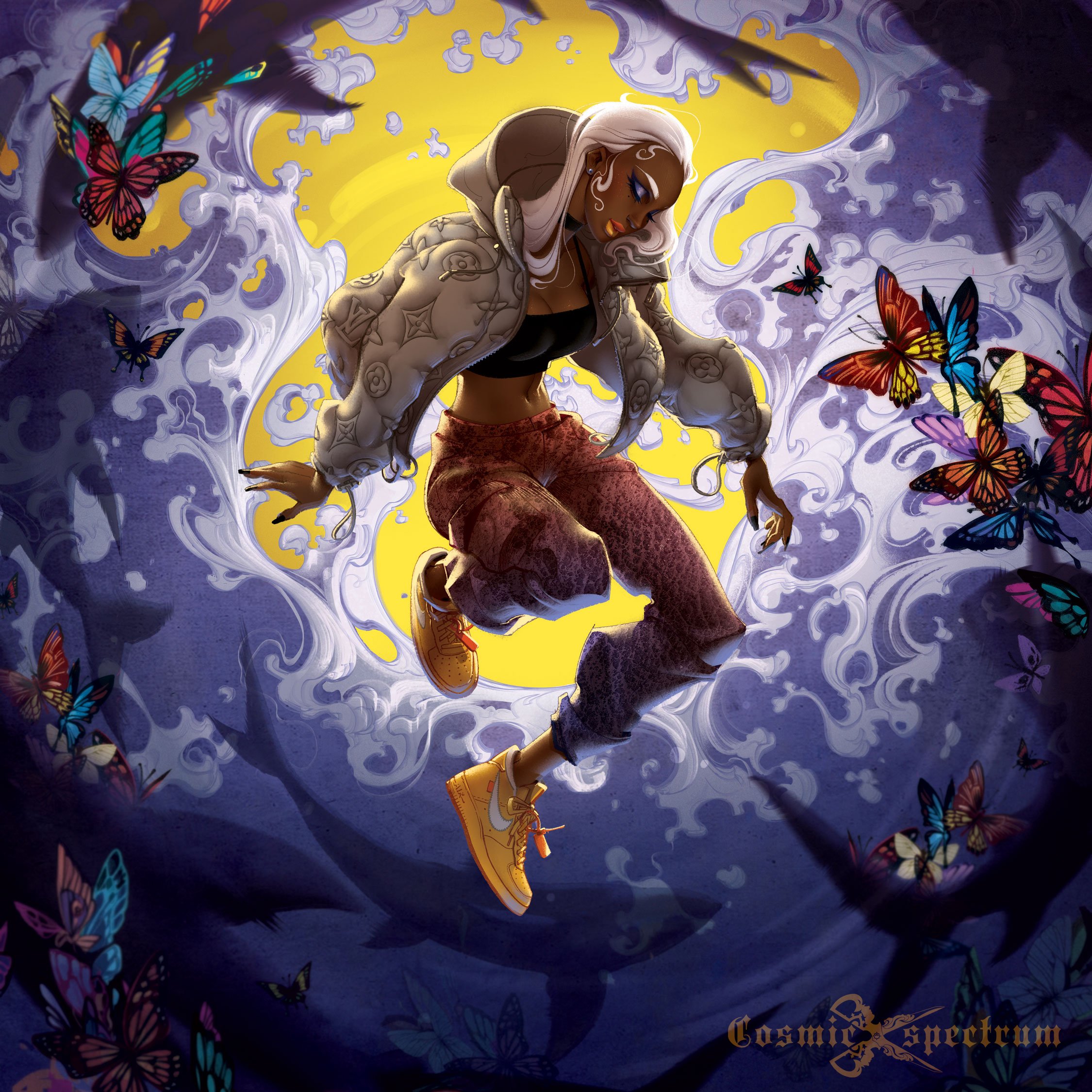 the illustration presents a young, darkskinned woman with white hair, clad in a louis vuittoninspired jacket and nike air force 1 sneakers.  she is dynamically positioned midleap against a backdrop of swirling purple and yellow hues that suggest water or clouds.  numerous butterflies of various colors flutter around her, adding to the surreal and dreamlike atmosphere.  shadows of sharks are visible beneath her, creating a striking contrast between the ethereal butterflies and the predatory marine life.  the background features a large, yellow circle reminiscent of a moon or sun, further contributing to the image's otherworldly feel. the artist's signature "cosmic spectrum" is visible in the bottom right corner. the overall style is a blend of fantasy, streetwear fashion, and surrealism, creating a visually striking and captivating piece.