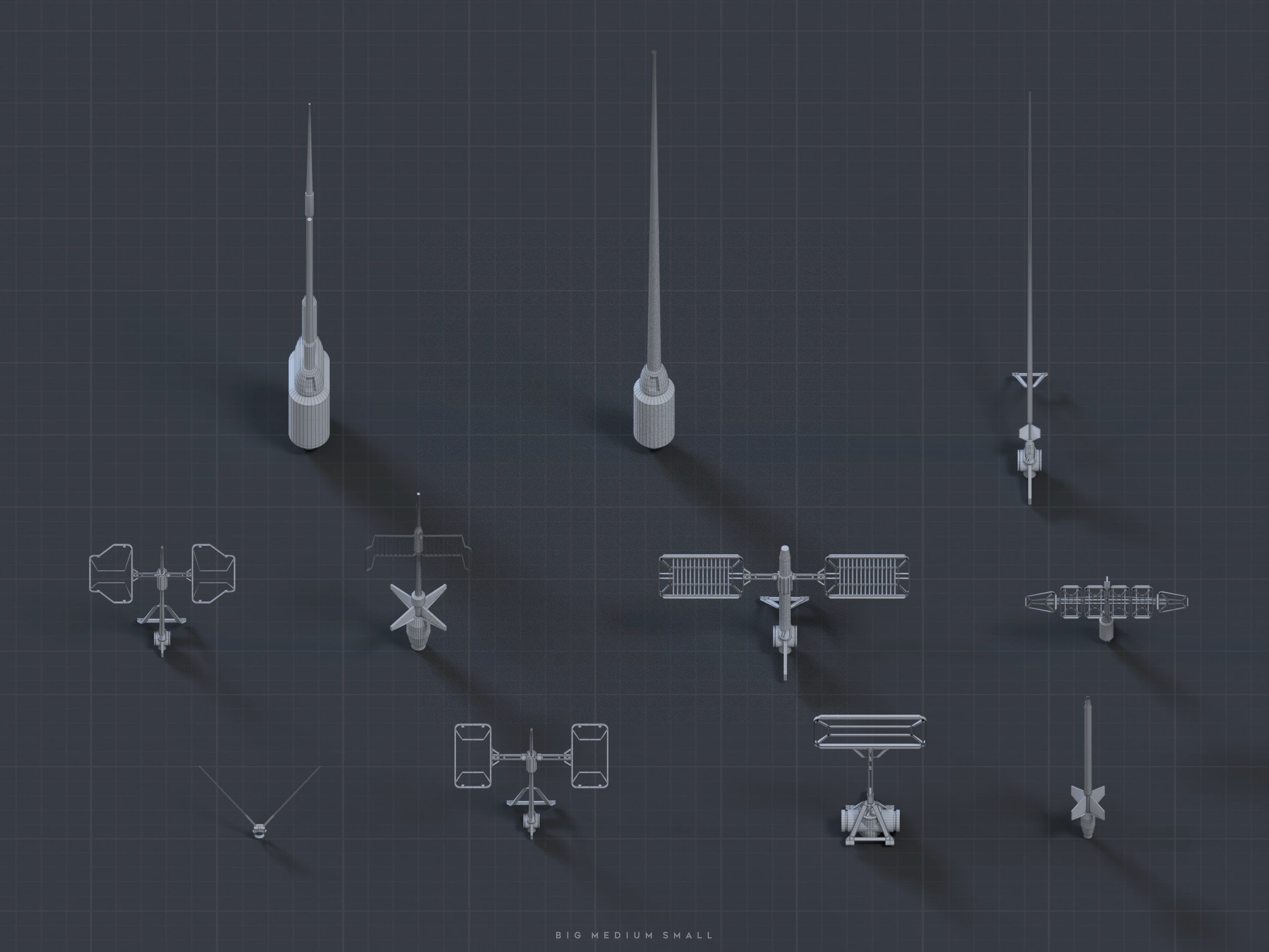 the image presents a collection of twelve isometric 3d wireframe models of various spacecraft and antennas against a dark gray grid background. the models are rendered in a monochromatic gray scale, showcasing their structural details clearly.  they are arranged in a seemingly deliberate fashion to visually compare size and design, labeled at the bottom as "big medium small," indicating a scale progression. the objects range from tall, slender antenna structures to larger, more complex space stationlike designs.  the overall style is clean, technical, and emphasizes the engineering aspect of the designs.