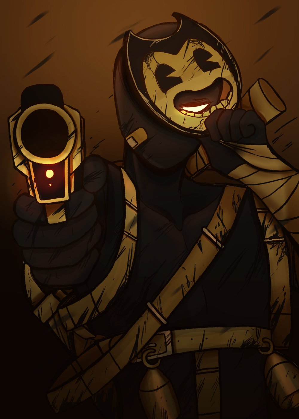 a cartoon character stands in a dimly lit environment, aiming a futuristiclooking pistol directly at the viewer. the character has a wide, grotesque grin, resembling a twisted cartoon mascot. they are heavily shadowed, with a design suggesting a creature made of ink or a similar substance. their attire consists of dark clothing with bandages and straps, and they appear to be carrying additional weaponry.  the overall aesthetic blends cartoonish elements with a sense of menace and horror.
