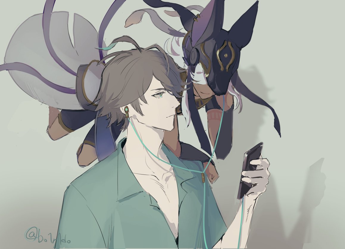 this is a digital illustration of a man with short brown hair wearing a blue and teal shirt standing with his head slightly tilted and is listening to music on his phone with teal earbuds. he is next to a large, dark grey wolflike creature with a black mask and white hair, with their head also tilted and their front paws on the man's shoulder.