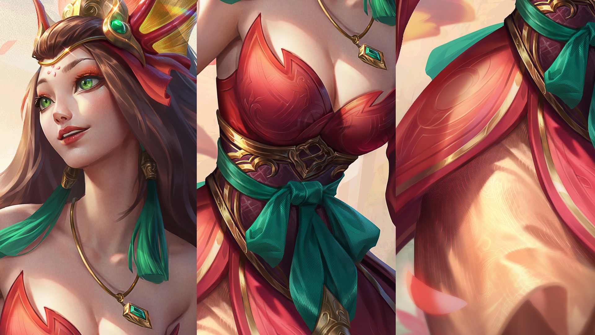 a beautiful anime woman with long brown hair and green eyes wears a red and gold dress with green and gold jewelry. she has a very detailed and intricate design to her dress and jewelry. she looks at the viewer with a soft smile.  the background is a blur of pink and white.