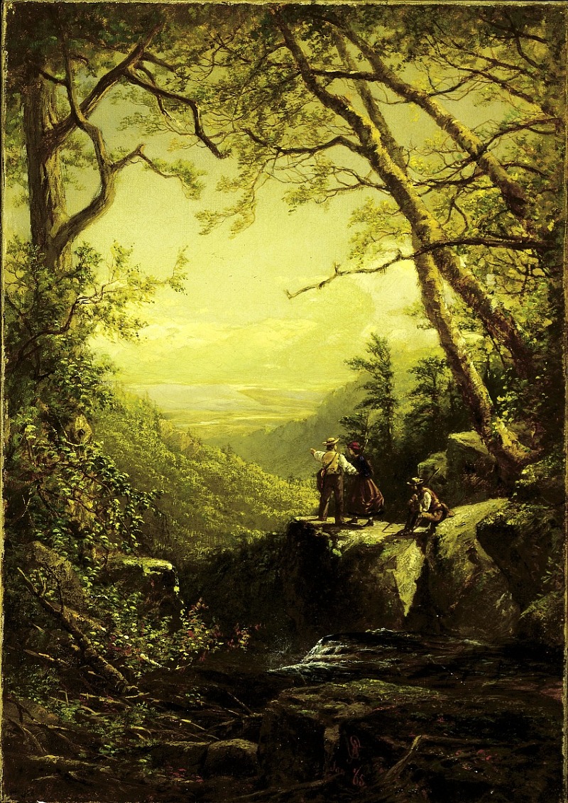this is a painting of a landscape featuring a dense forest and a wide valley. in the foreground, there's a rocky cliff with three people. two are standing, dressed in what appears to be traditional rural clothing, with one pointing out towards the valley. the third person is seated on the rock near them. the landscape stretches out to the horizon, showing layers of green trees and a distant sky. the forest is dense with foliage, and the painting captures the interplay of sunlight and shadows throughout the scene.