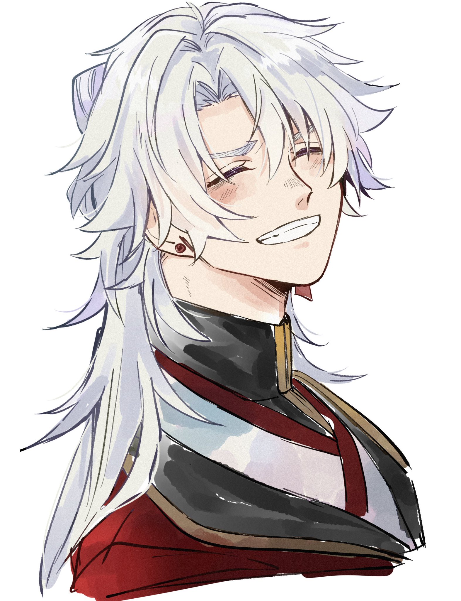 a digital illustration of a smiling anime boy with white hair wearing a red and black outfit.