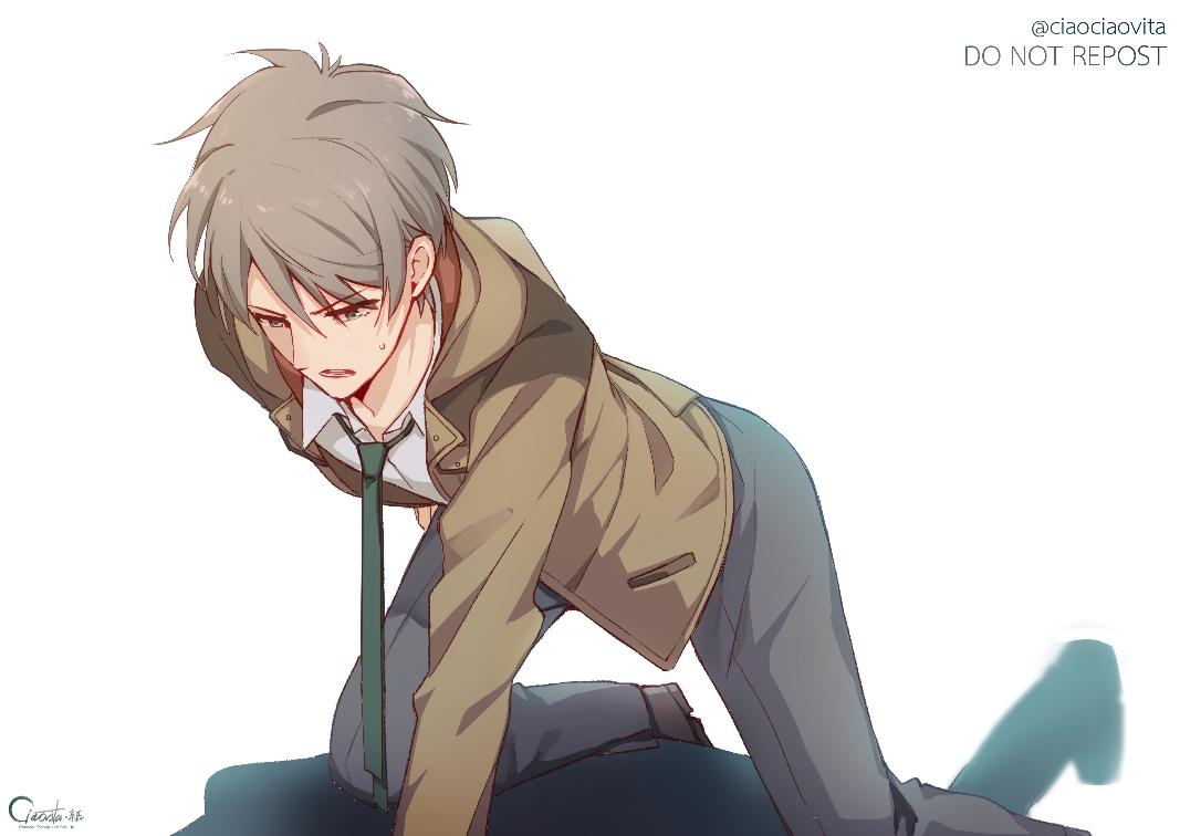 the image showcases a digital drawing of a young man, seemingly drawn in an anime style. he is depicted on his hands and knees, leaning forward with a strained expression on his face. his brow is furrowed, and there's a bead of sweat running down his cheek, suggesting anxiety or physical exertion. the background is entirely white, focusing all attention on the character's pose and expression. his clothing, a brown jacket, white shirt, and blue pants, are rendered with subtle shading and highlights. the overall style of the drawing is soft and somewhat muted, adding to the impression of vulnerability or distress in the character.