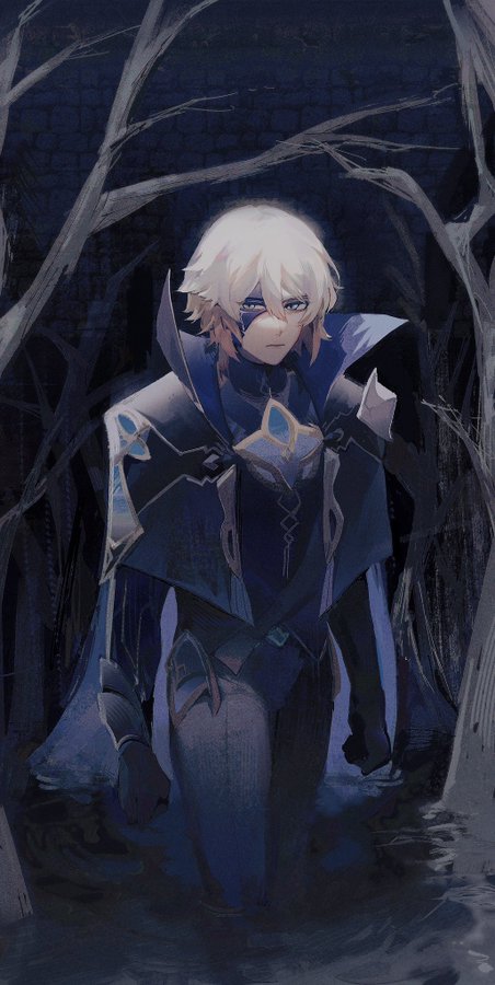 a digital artwork of a man with white hair and a dark mask, reminiscent of an anime or video game character, standing in water in a dark forest setting. he wears a blue and black outfit. the overall mood is mysterious and somewhat ominous.