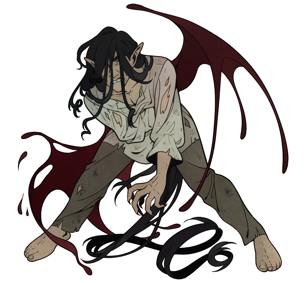 the image showcases a single figure, seemingly a vampire or demonic entity, contorted in a pose suggesting either agony or aggression.  they have pale skin, long, dark hair, and pointed ears. their attire consists of a tattered and torn white shirt and dark pants. batlike wings, tinged with red as if soaked in blood, sprout from their back. the most striking detail is the blood splattered around them, some seemingly dripping from their wings, further enhancing the unsettling and monstrous aura.