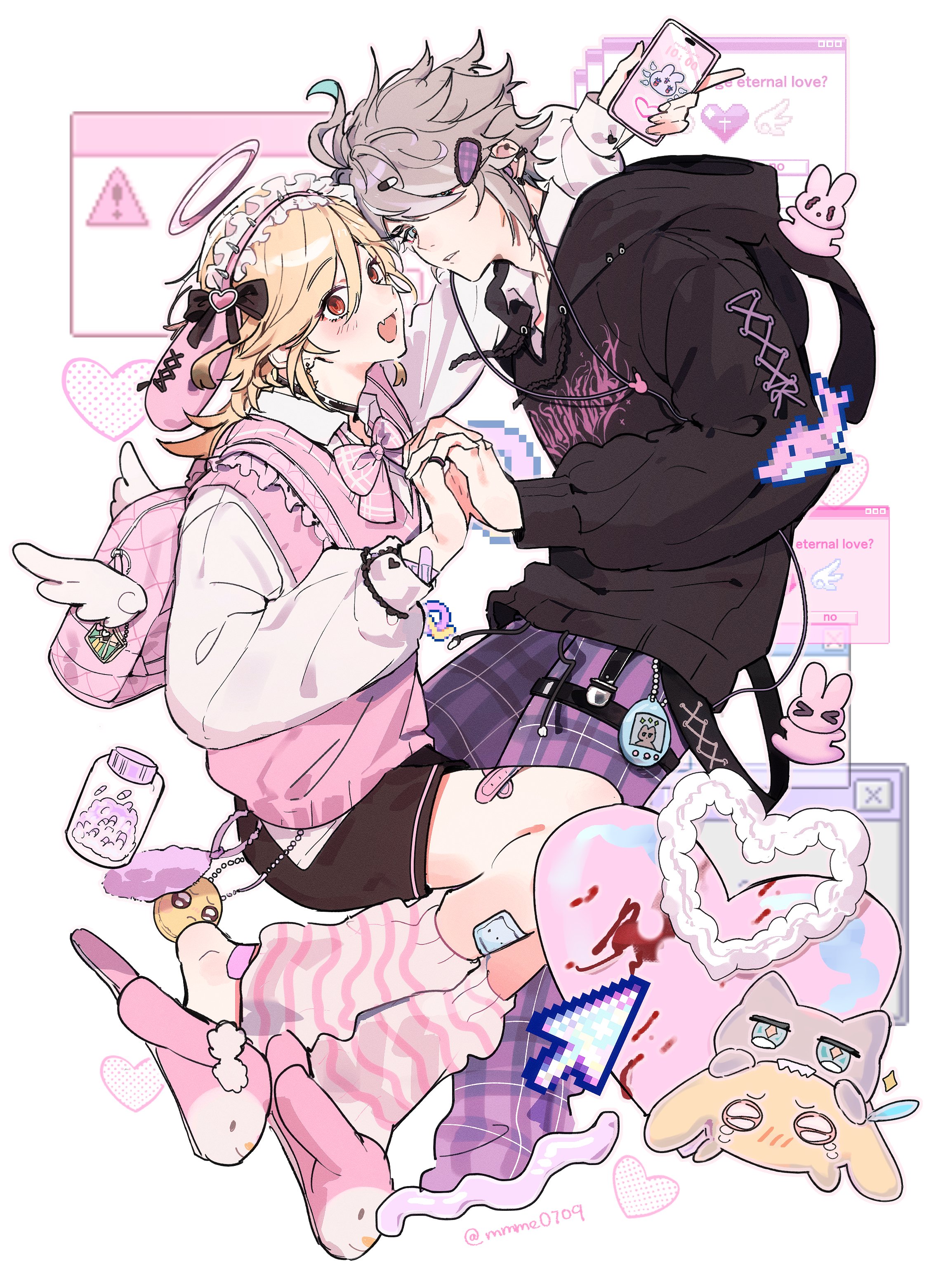 this is a digital drawing of an anime couple. the girl is dressed in a pink and white outfit with a halo, and the boy is wearing a black and white outfit with a black hoodie. they are holding hands and the boy is leaning in to kiss the girl on the cheek. they are surrounded by pink hearts, and the background is a digital, colorful and modern aesthetic. the illustration is digital and in a manga style. the overall aesthetic is cute and romantic, with a hint of edginess.
