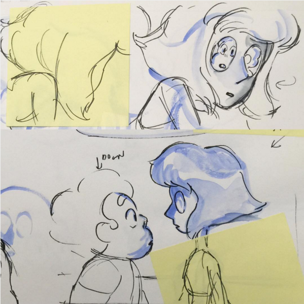 this image is a storyboard depicting two characters, possibly from the animated series "steven universe". one character, drawn in blue, is expressing surprise, with wide eyes and an open mouth. the other character, whose details are obscured by yellow sticky notes, seems to be looking at the first character. the panels are arranged in a sequence, suggesting a conversation or interaction. the sketches are rough, focusing on capturing the characters' expressions and movement.