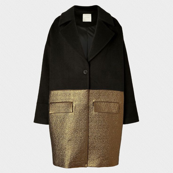 a black and gold twotone wool coat with a collar and pockets.