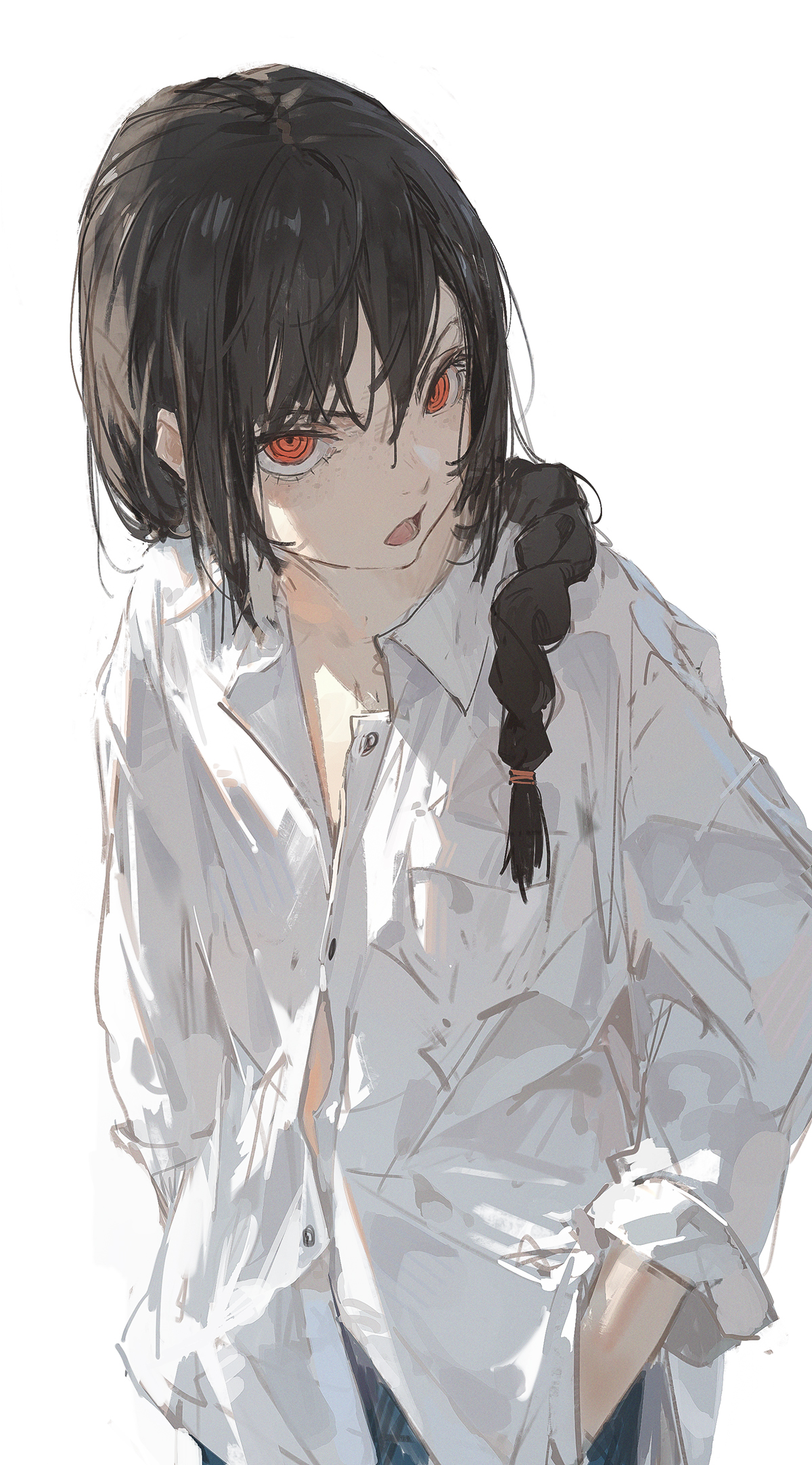 an anime style illustration of a young woman with long black hair in a braid, wearing a white shirt, and looking to the side with a cute and lovely expression. she has red eyes. the background is white.